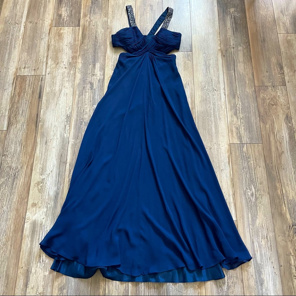 Marc Bouwer Glamit! Navy Blue Beaded Gown Evening Formal Silk Dress size 4